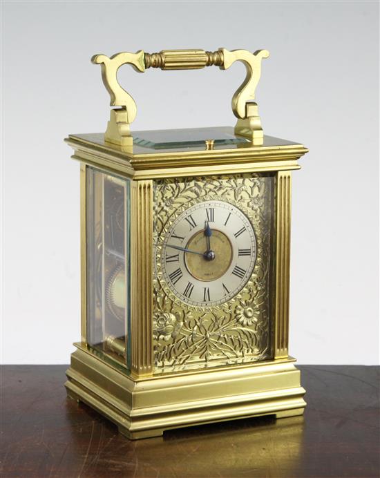 A late 19th century French hour repeating gilt brass carriage clock, 6.25in.